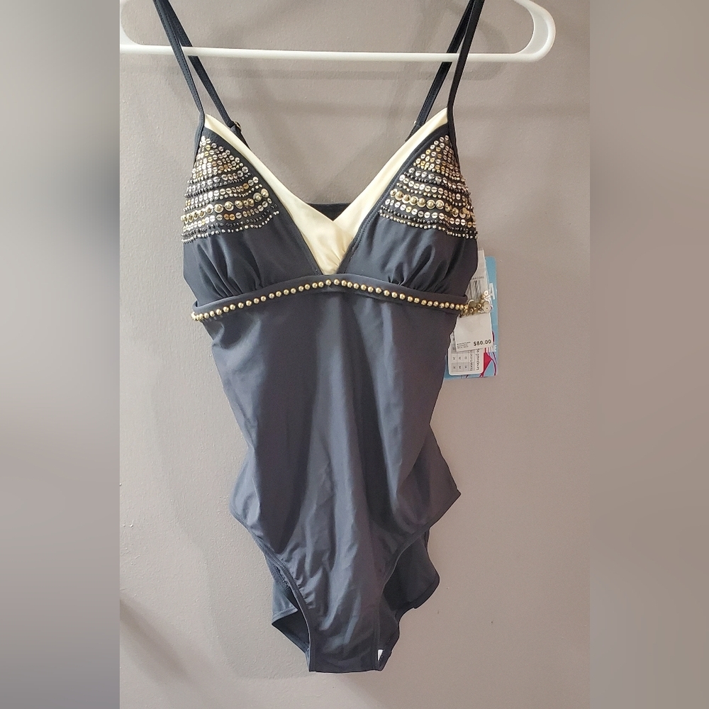 Christina Gray and Cream One Piece Swimsuit With Stylish Beaded Accents. Sz 14